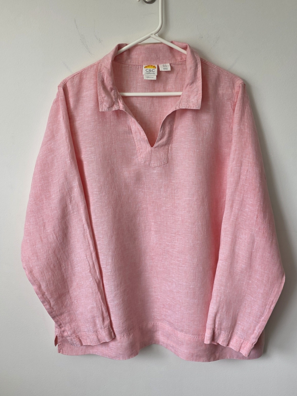 C&C California 100% Linen Pink Split Neck Tunic Blouse 1X Plus Beachy EUC